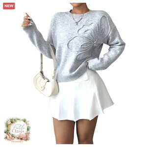3D Floral Applique Crewneck Sweater Elegant Knit Top Drop Shoulder Pullover